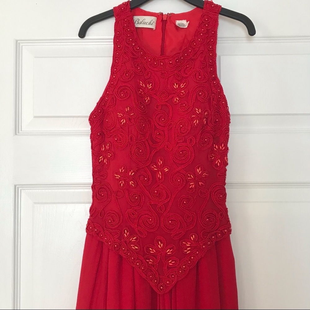Red 100% silk, hand beaded, long formal modest dress by Baluchi; size 2.